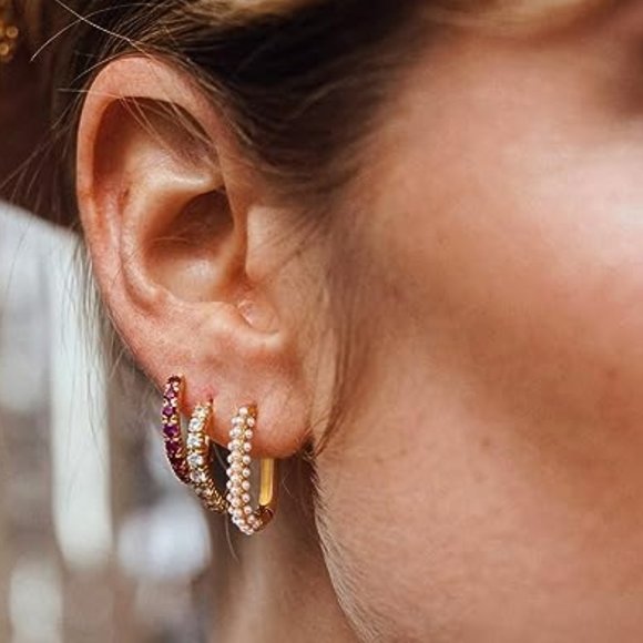 Gold and Pearl Rectangle Hoops Rectangular Pretty Hoop Earrings Pave Pearls New - Picture 3 of 8